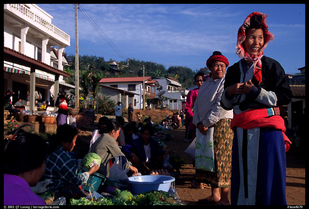Women in tribal clothes at the Huay Xai market. Laos