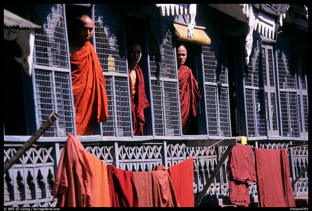 Monks in residential quarters, Shwedagon Paya. Yangon, Myanmar