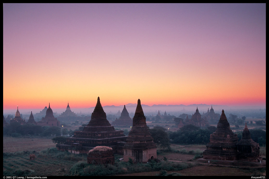 Sunrise over the plain doted with 2000 temples. Bagan, Myanmar