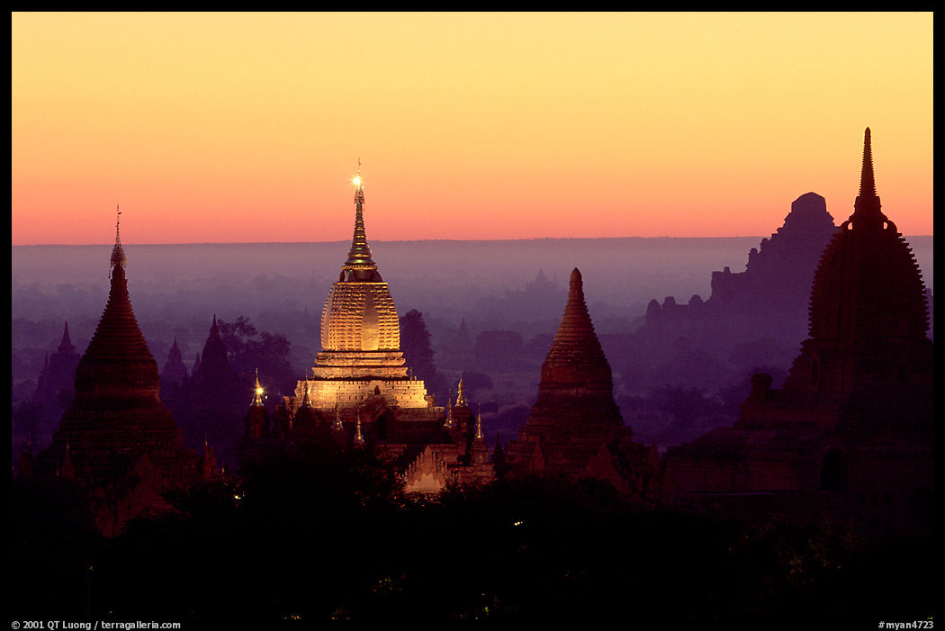 Illuminated pahto, sunrise. Bagan, Myanmar
