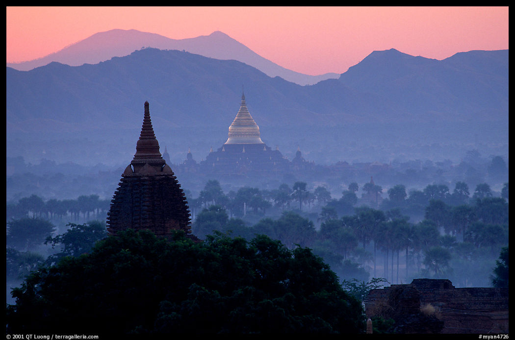 Dhammayazika Paya and mountains at dawn. Bagan, Myanmar