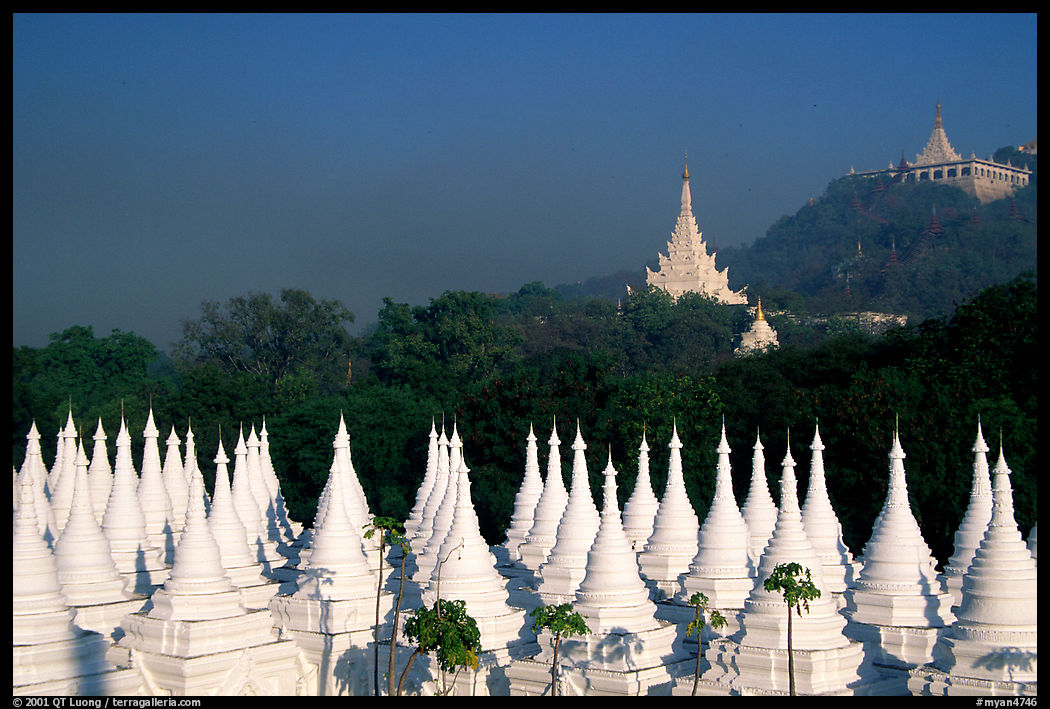 Stupas at Sandamani Paya and Mandalay Hill. Mandalay, Myanmar