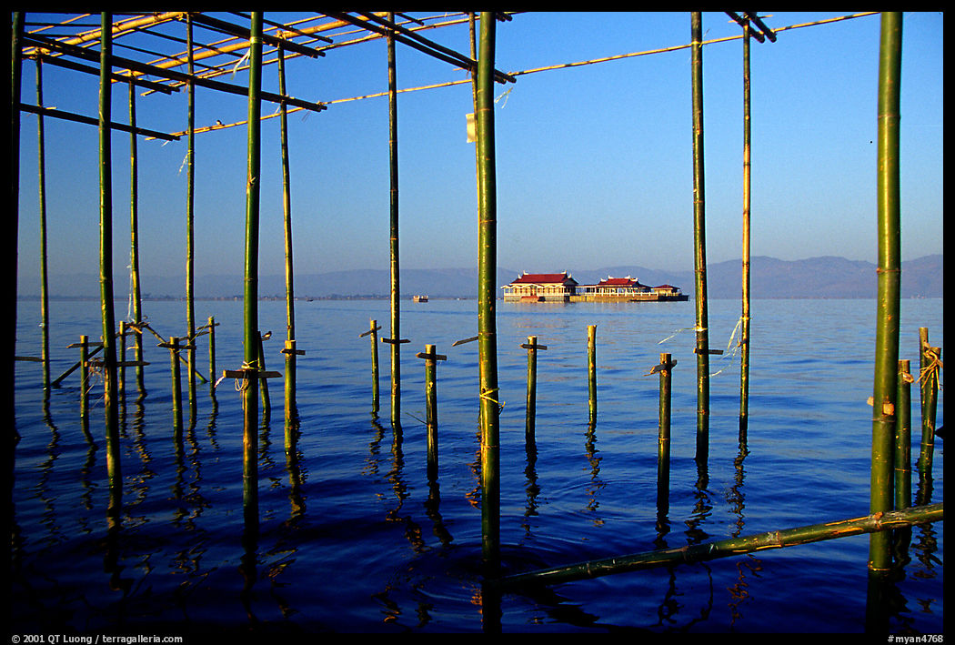Stilts huts and temple. Inle Lake, Myanmar
