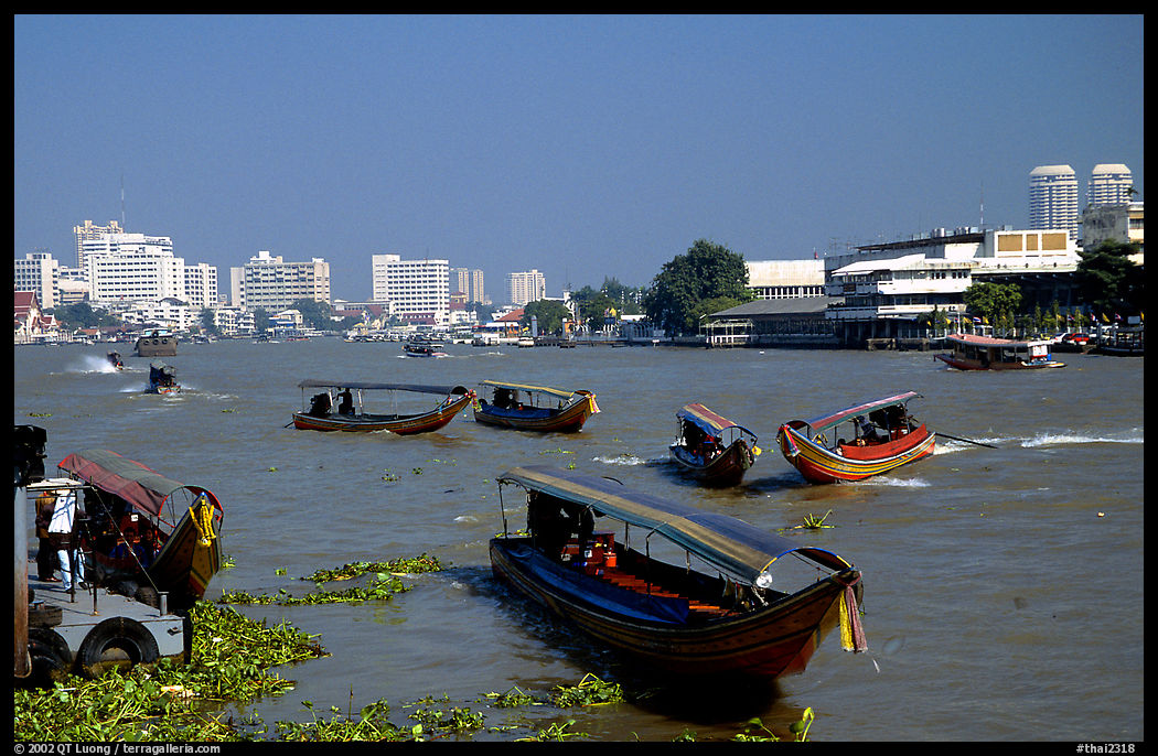 A flotilla of boats on the Chao Phraya river. Bangkok, Thailand