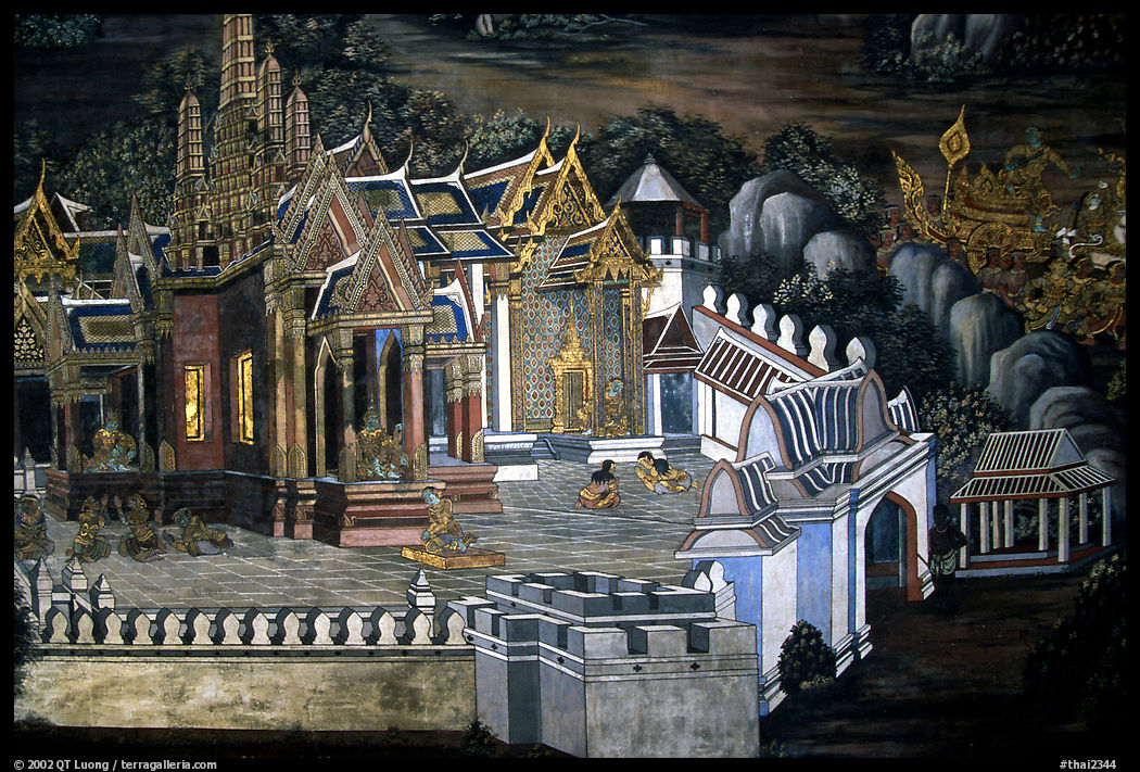 Mural painting showing the Grand Palace. Bangkok, Thailand