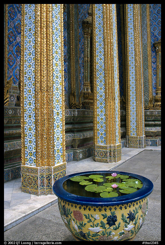 Lotus flowers and ornemented colunm, Wat Phra Kaew. Bangkok, Thailand
