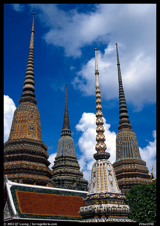 Layered and streamlined chedis of Ratanakosin style, Wat Pho. Bangkok, Thailand