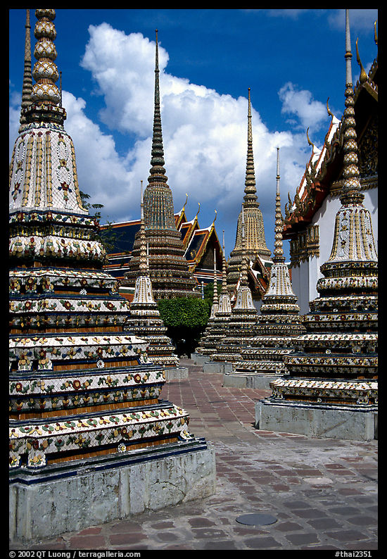 Layered and streamlined chedis of Ratanakosin style, Wat Pho. Bangkok, Thailand