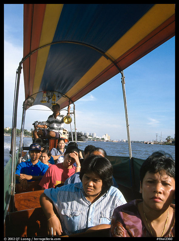 Aboard a long tail taxi boat on the Chao Phraya river. Bangkok, Thailand