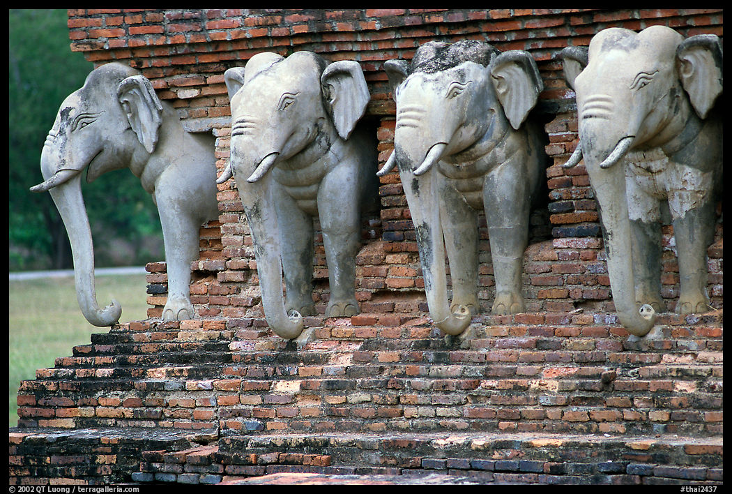 Some of the 36 elephants at the base of Wat Cahang Lom. Sukothai, Thailand