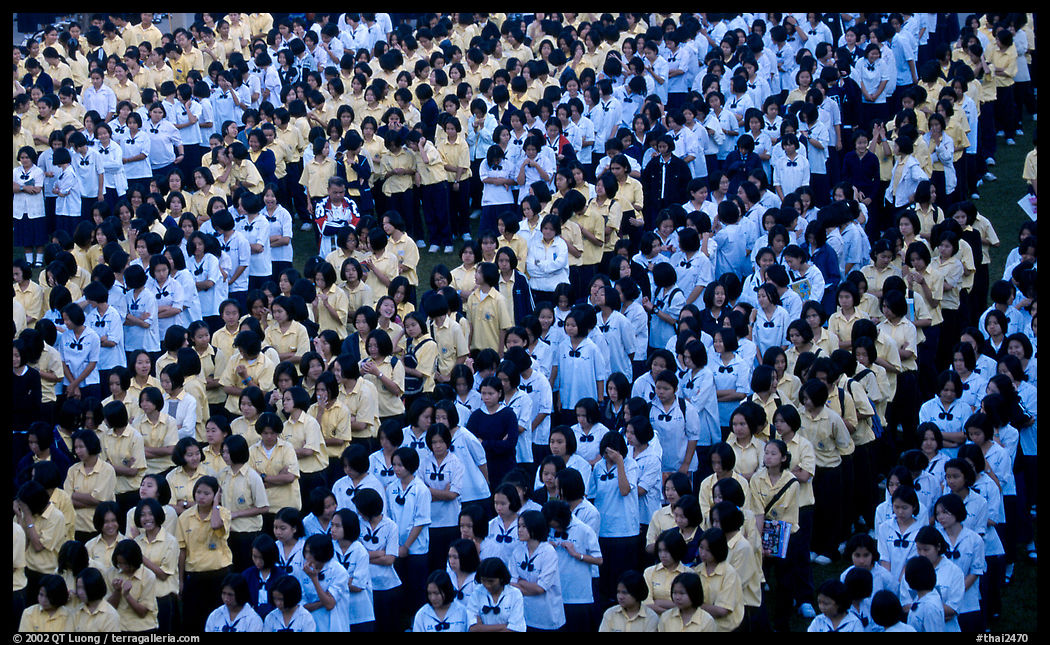 School girls during morning prayer before class. Chiang Rai, Thailand