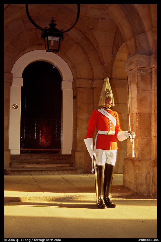 Horseguard standing in front of door. London, England, United Kingdom