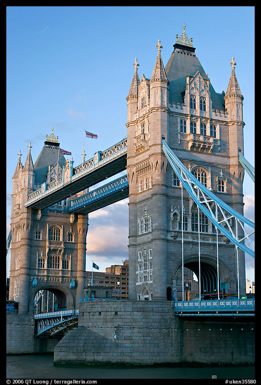 Close view of the two towers of the Tower Bridge. London, England, United Kingdom