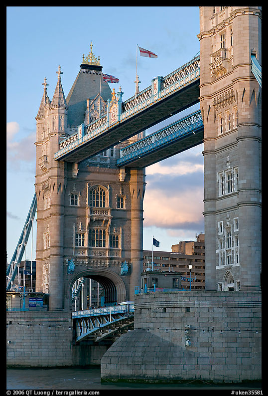 Close view of the Tower Bridge, a landmark 1876 bascule bridge. London, England, United Kingdom