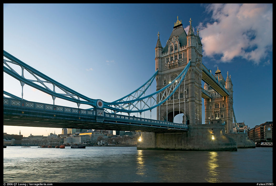 Wide view of Tower Bridge, a landmark 1876 bascule bridge. London, England, United Kingdom
