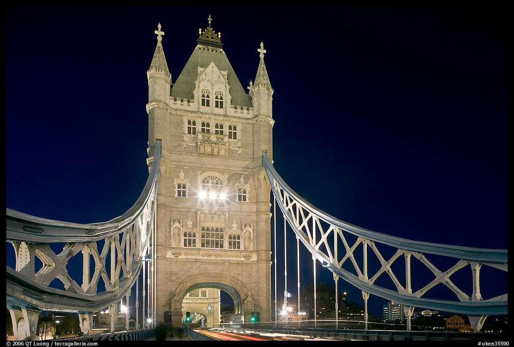 North Tower of the Tower Bridge at night. London, England, United Kingdom