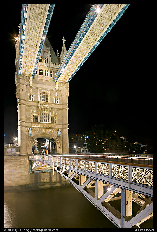 North Tower and upper walkway of the London Bridge at night. London, England, United Kingdom