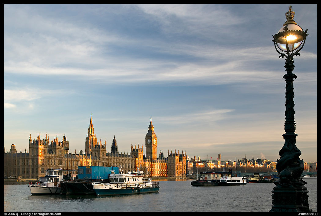 Lamp, Thames River, and Westminster Palace. London, England, United Kingdom