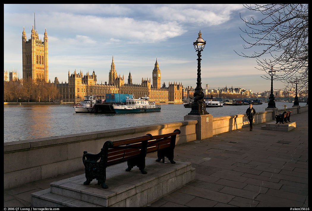 Riverfront promenade, Thames River, and Westminster Palace. London, England, United Kingdom