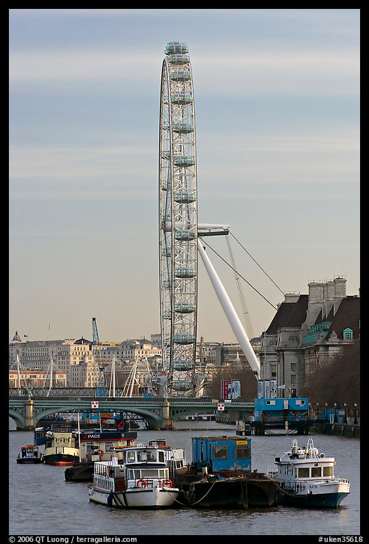 Boats, Thames River, and London Eye. London, England, United Kingdom