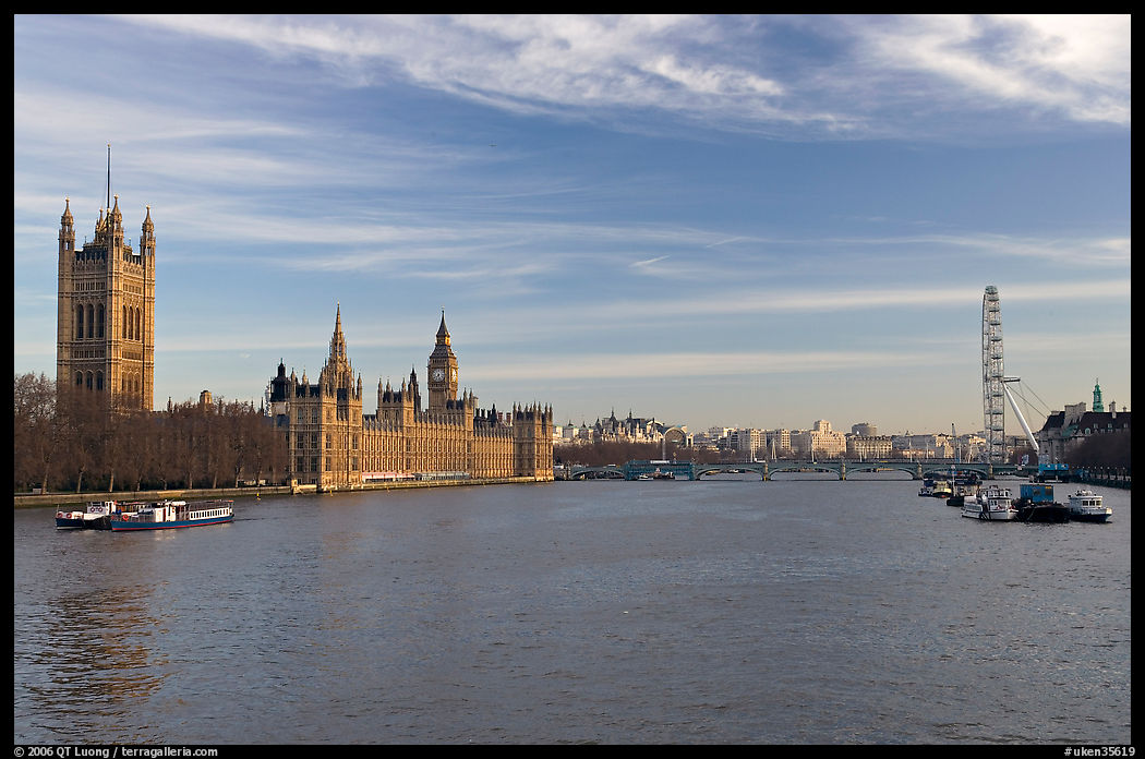 London Skyline with Westminster Palace, Westminster Bridge, and Millennium Wheel. London, England, United Kingdom