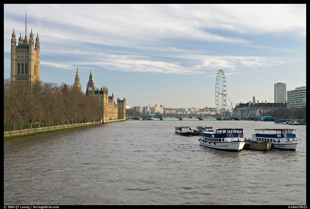 Skyline with Victoria Tower, Westminster Palace, Thames River and London Eye. London, England, United Kingdom