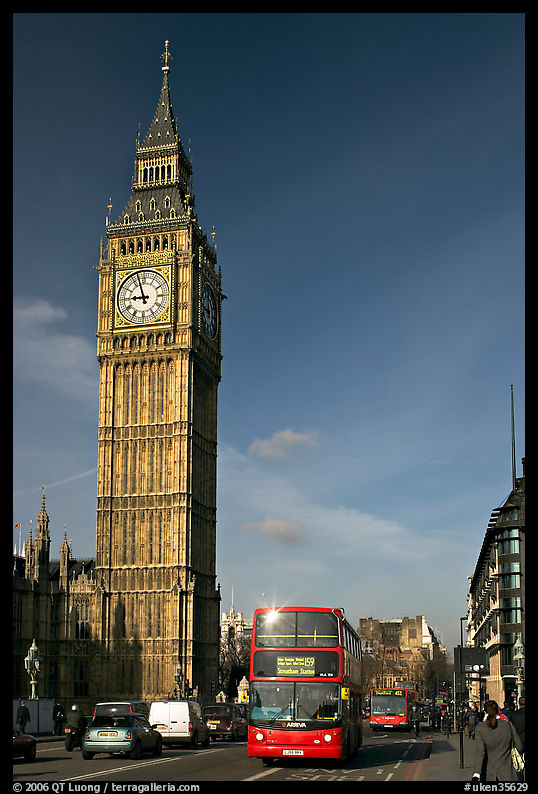 Double decker bus on Westminster Bridge  and Big Ben. London, England, United Kingdom