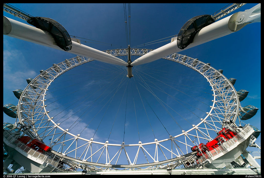 London Eye and support beams seen from the base. London, England, United Kingdom