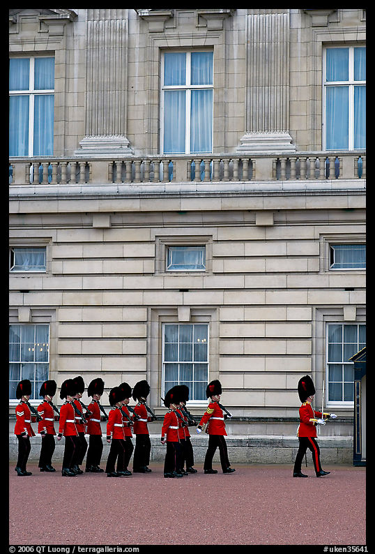 Guards marching during the changing of the Guard, Buckingham Palace. London, England, United Kingdom