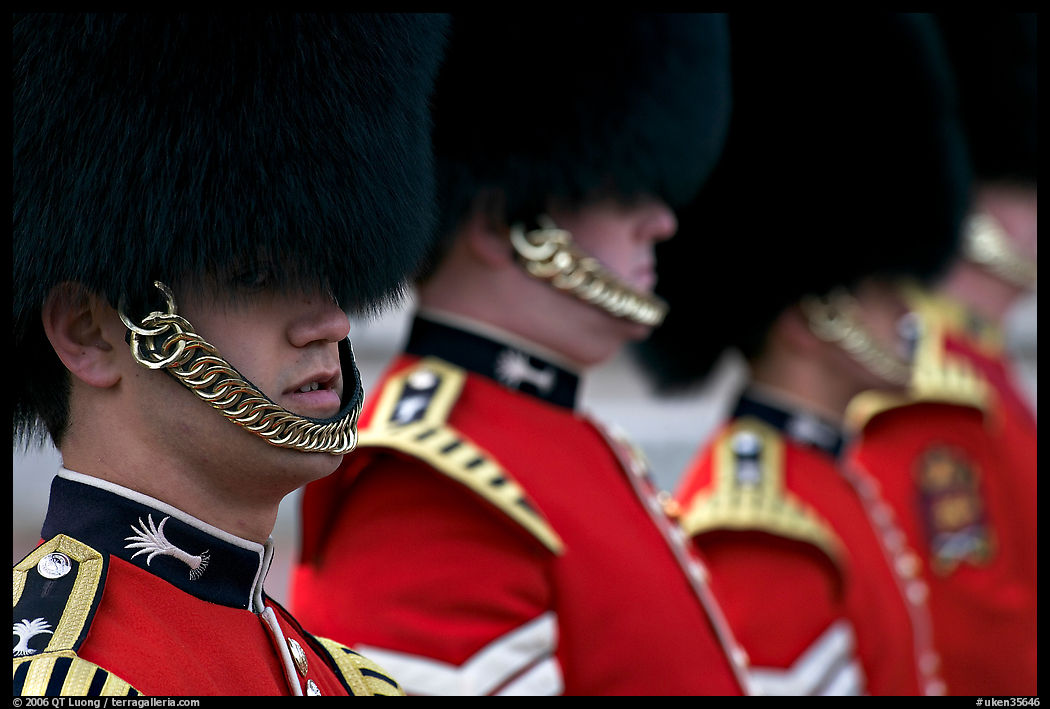 Close up of guards in ceremonial dress. London, England, United Kingdom