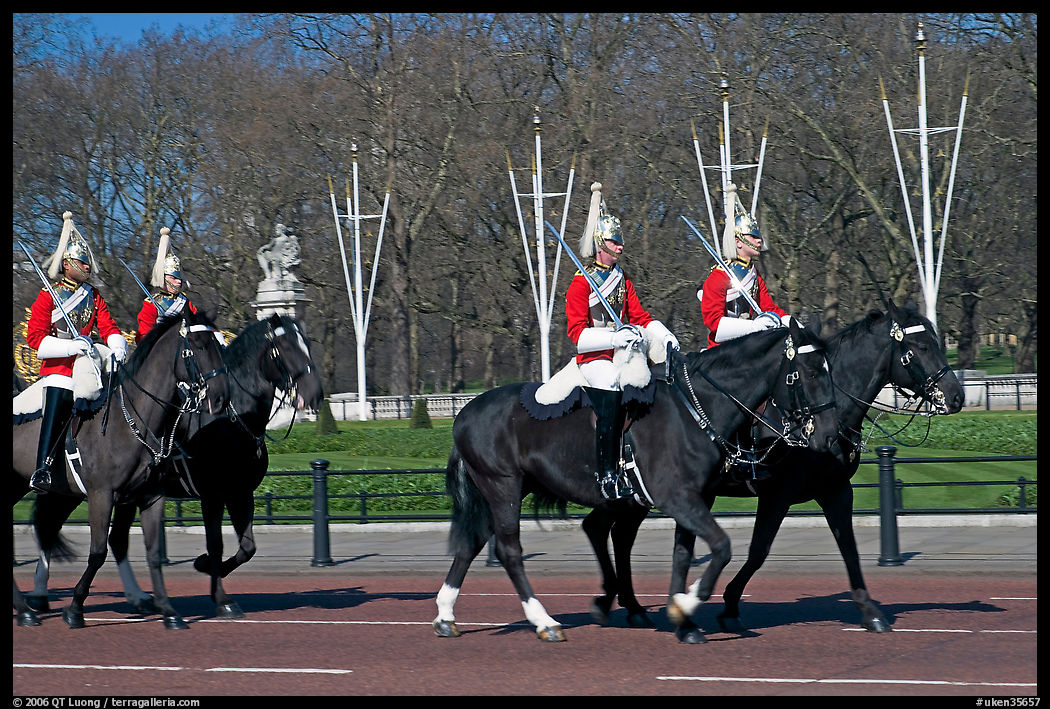 Horse guards riding near Buckingham Palace. London, England, United Kingdom