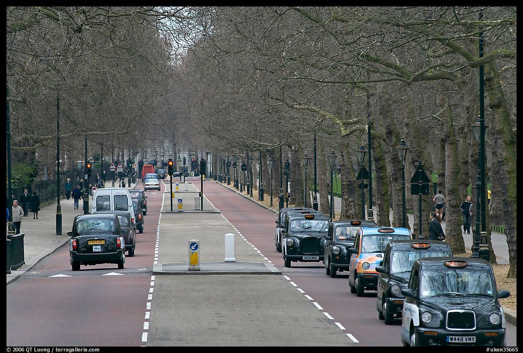 Black cabs and street near Saint James Park with. London, England, United Kingdom
