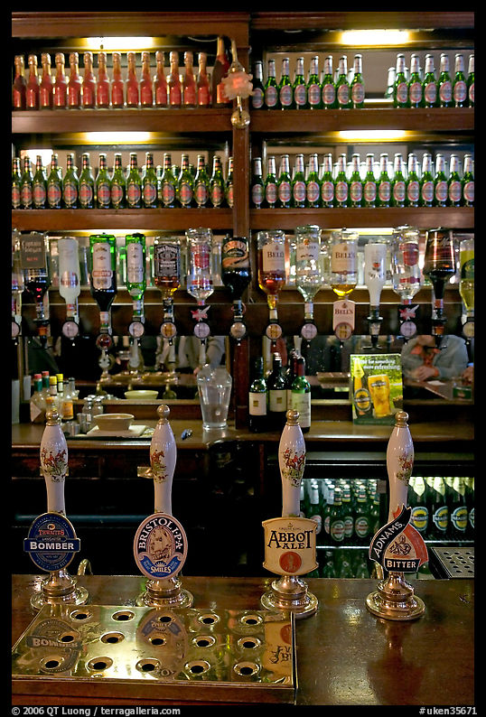 Hand-pulled pumps used to serve real ale beers, Westmister Arms bar. London, England, United Kingdom