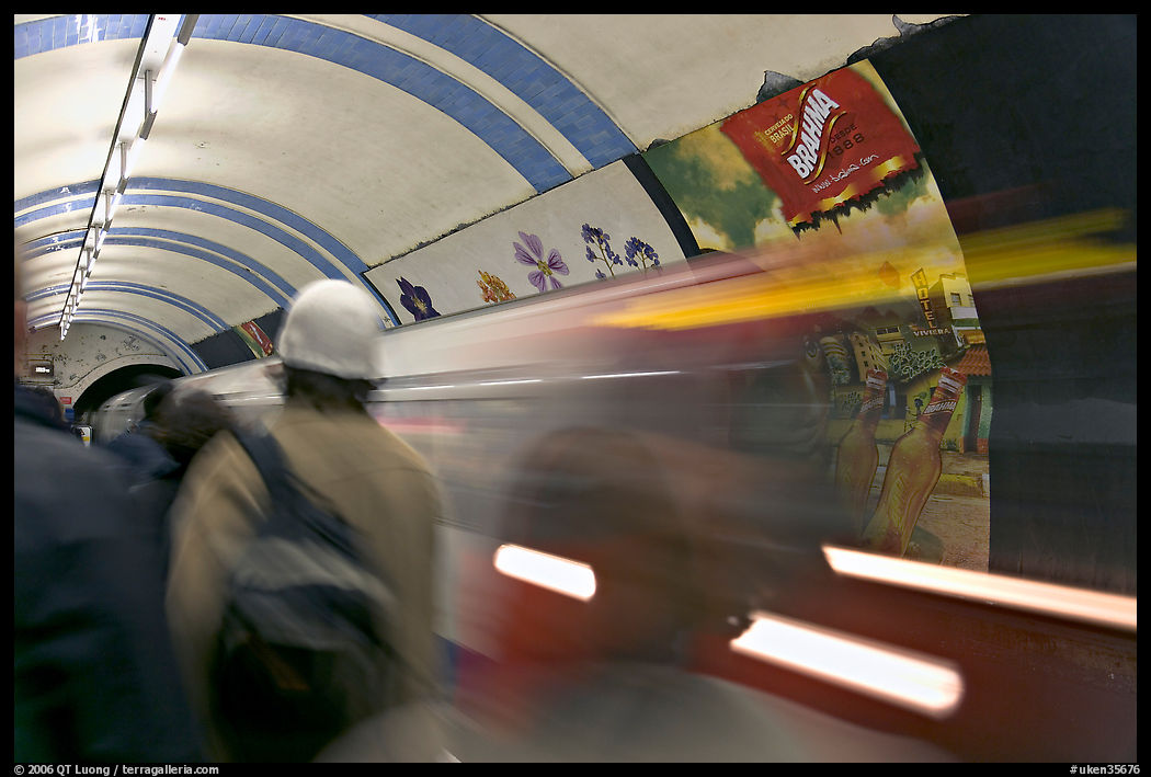 People and train in motion, London underground. London, England, United Kingdom