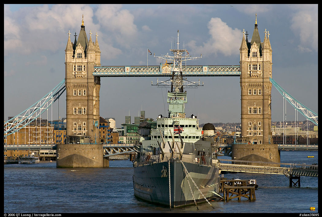 HMS Belfast cruiser and Tower Bridge, late afternoon. London, England, United Kingdom