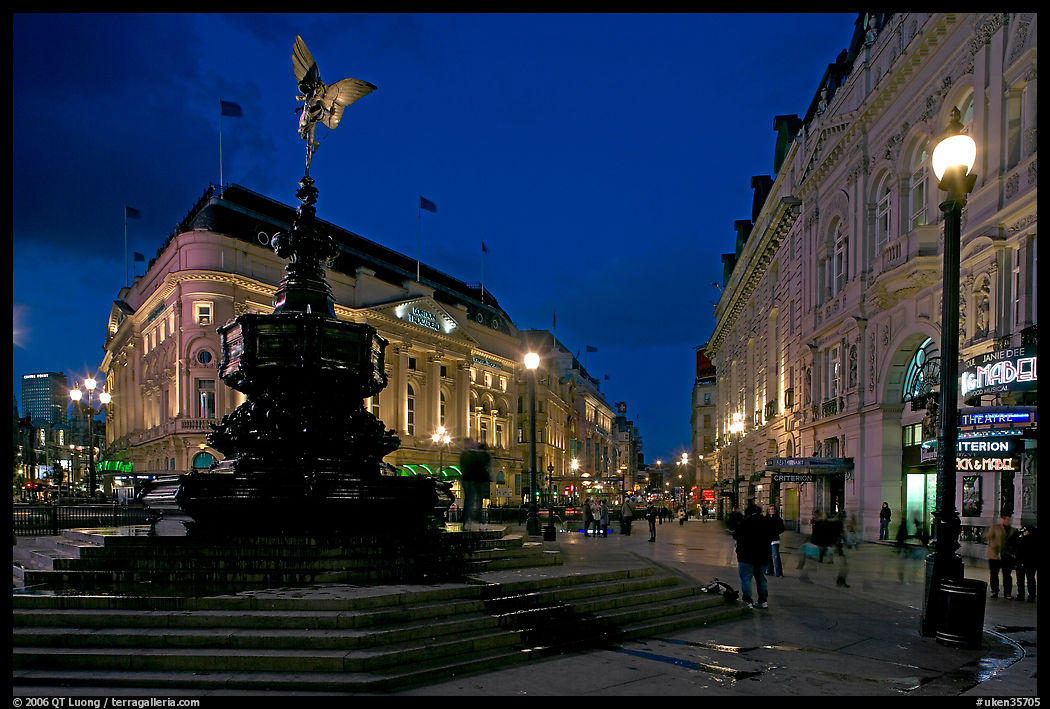 Eros statue and streets at dusk, Picadilly Circus. London, England, United Kingdom
