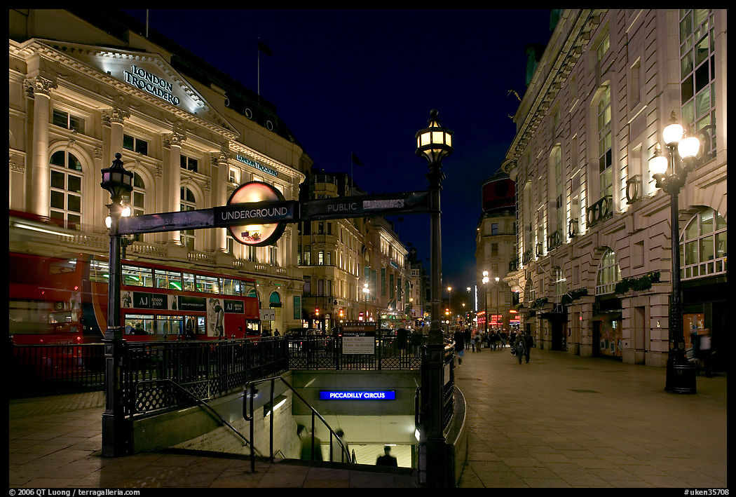 Underground station entrance at dusk, Piccadilly Circus. London, England, United Kingdom