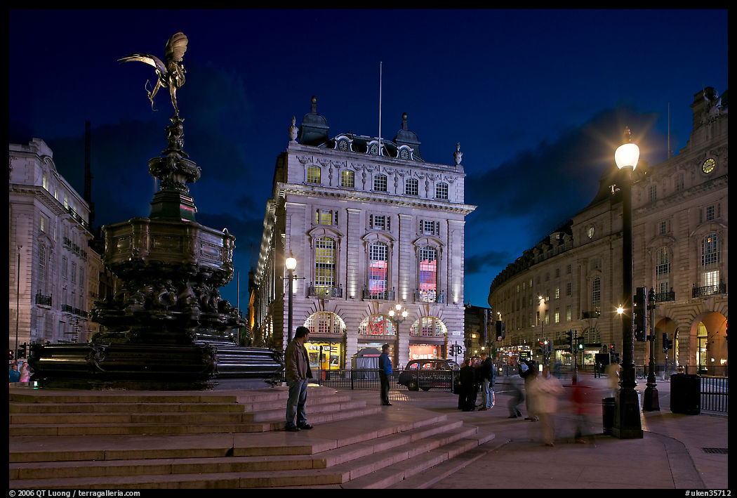 Piccadilly Circus and Eros statue at night. London, England, United Kingdom