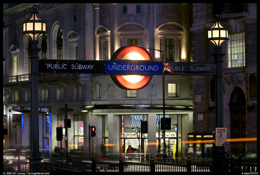 Subway entrance at night, Piccadilly Circus. London, England, United Kingdom