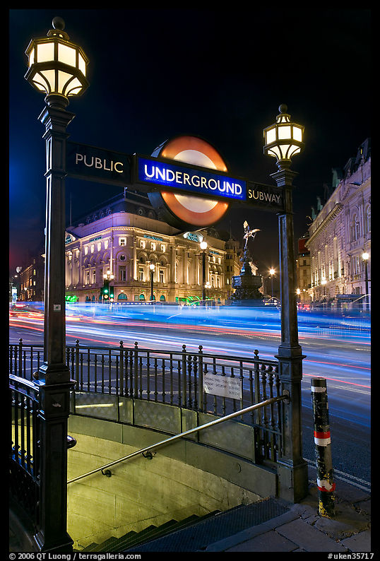 Underground  entrance and lights from traffic at night, Piccadilly Circus. London, England, United Kingdom