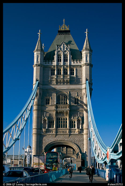 Commute hour on Tower Bridge, early morning. London, England, United Kingdom