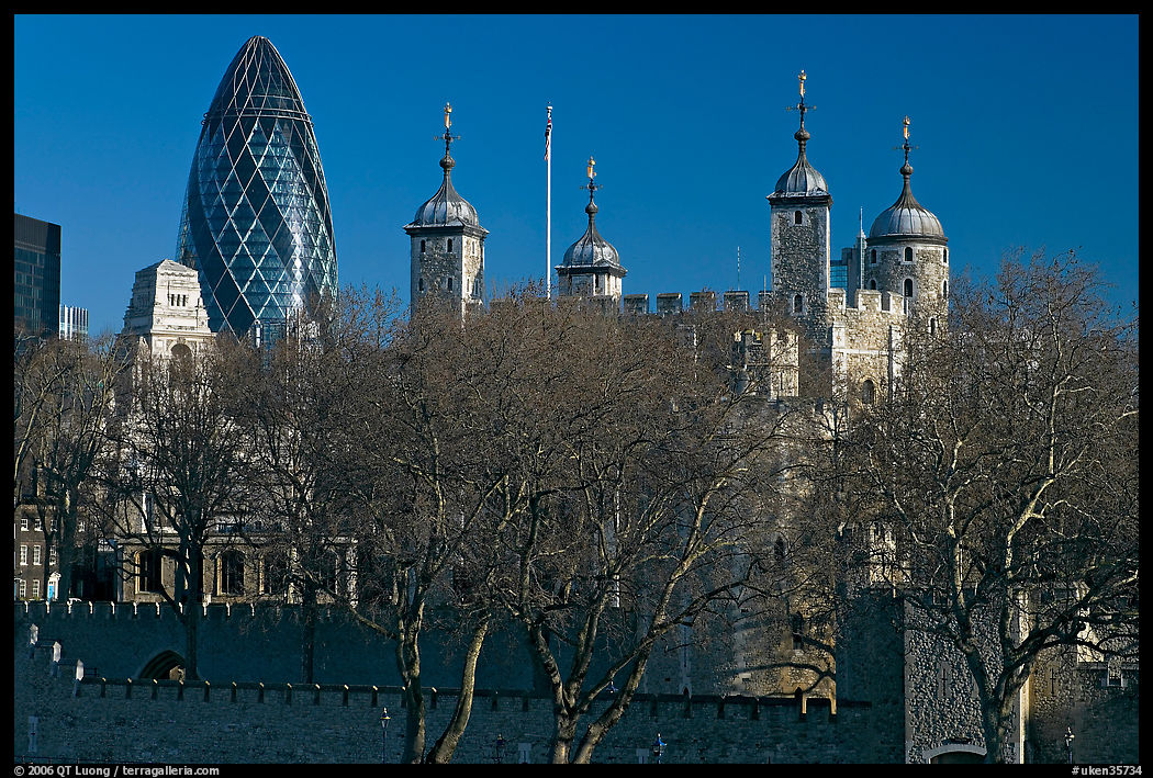 Tower of London and 30 St Mary Axe building (The Gherkin). London, England, United Kingdom
