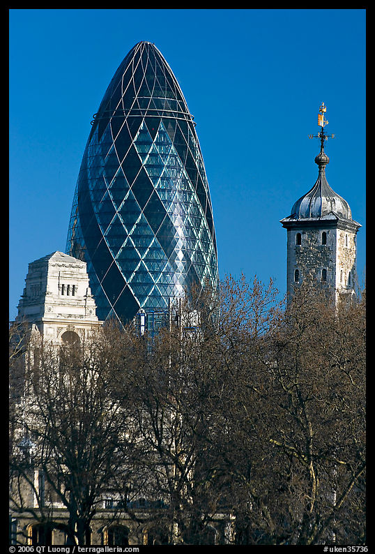 Swiss Re Tower (also known as 30 St Mary Axe, or The Gherkin), designed by Norman Foster. London, England, United Kingdom
