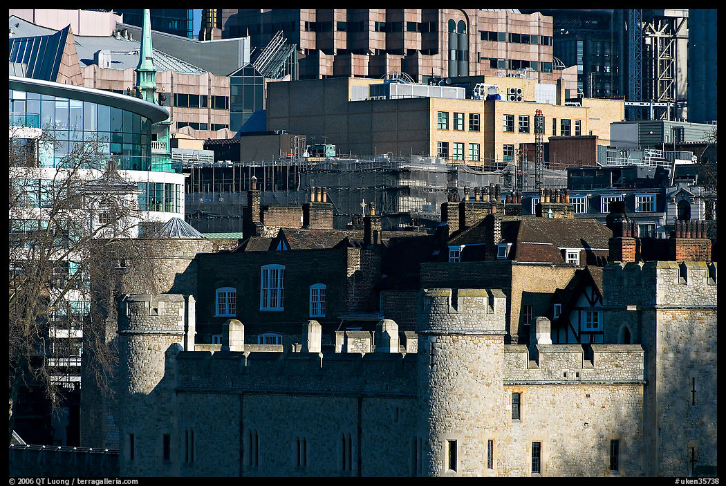 Tower of London and modern buildings. London, England, United Kingdom