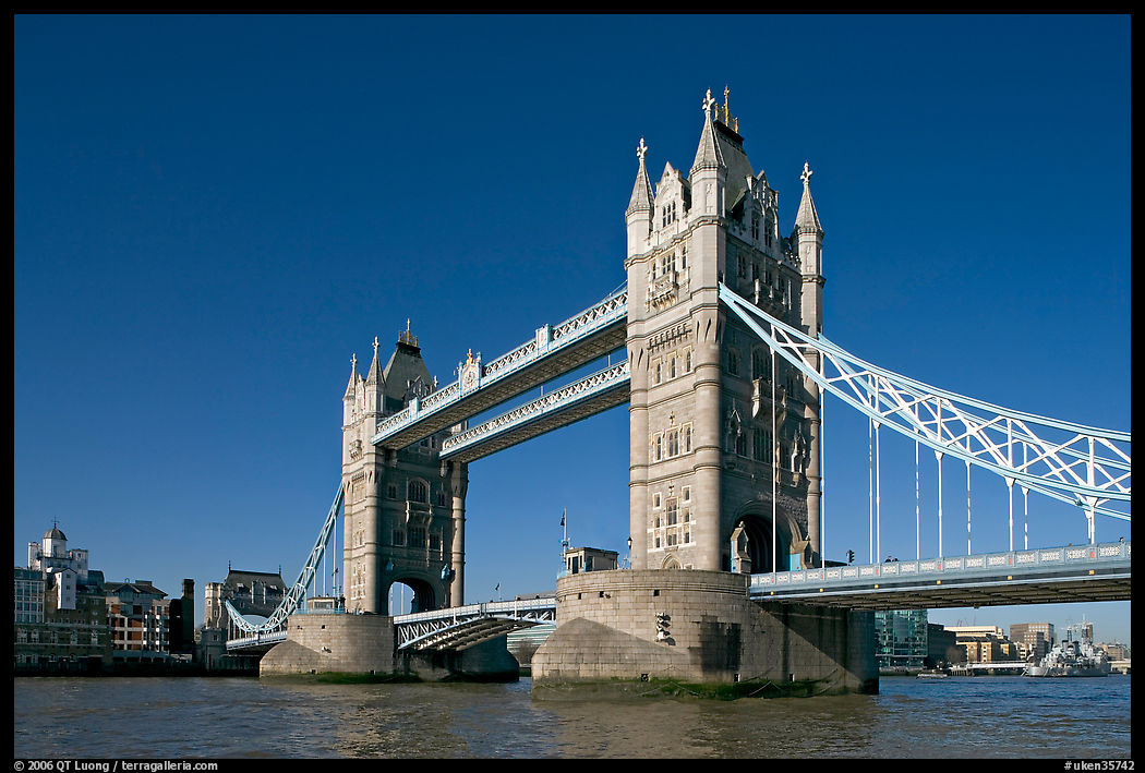 Tower Bridge at river level, morning. London, England, United Kingdom