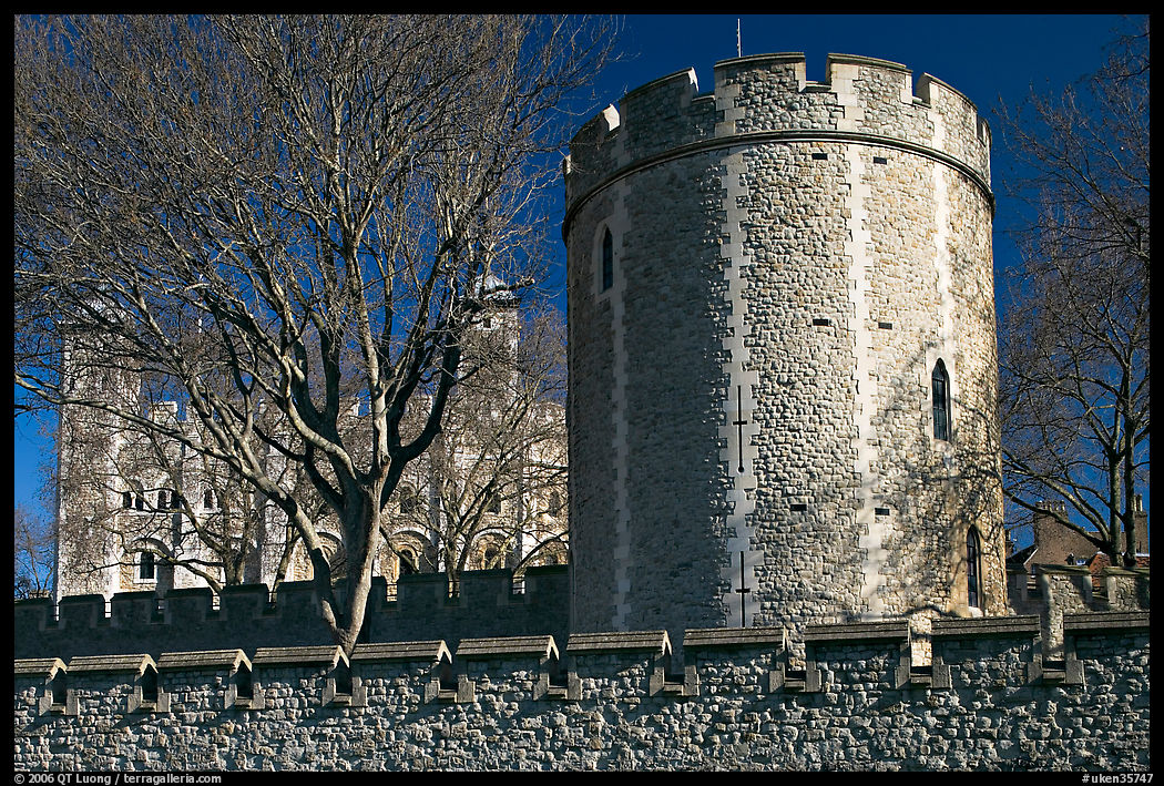 Crenallated wall and tower, Tower of London. London, England, United Kingdom