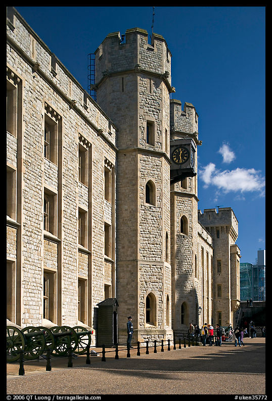 Towers and sentry, The Jewel House, part of the Waterloo Barracks, Tower of London. London, England, United Kingdom