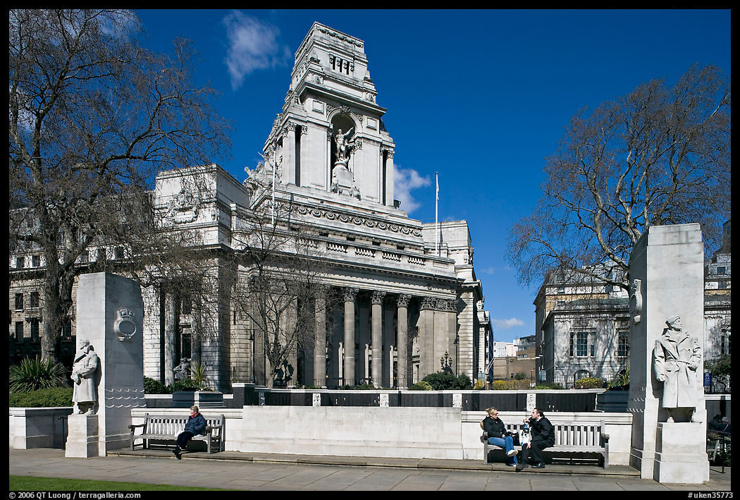Public benches and monument honoring sailors lost at sea. London, England, United Kingdom