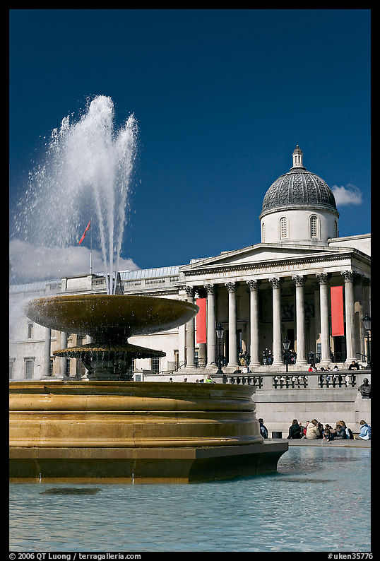 Fountain and National Gallery, Trafalgar Square. London, England, United Kingdom