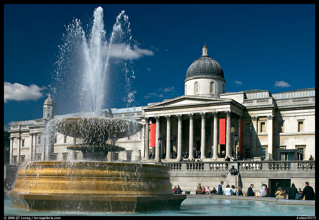 Fountain and National Gallery, Trafalgar Square, mid-day. London, England, United Kingdom